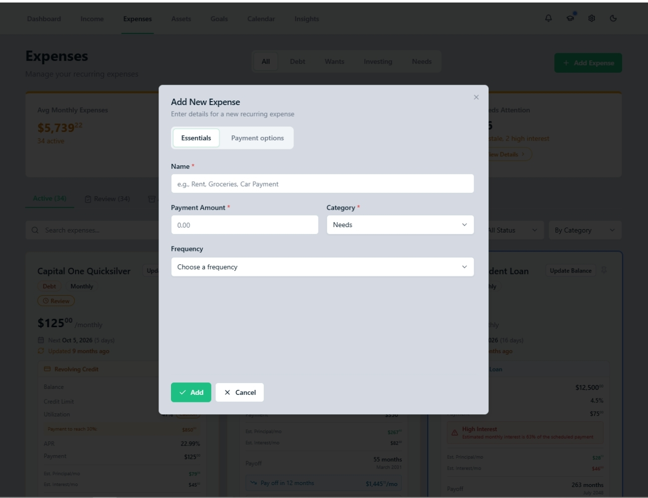 True North Budgeting recurring expense form with name, expected amount, category, and frequency fields