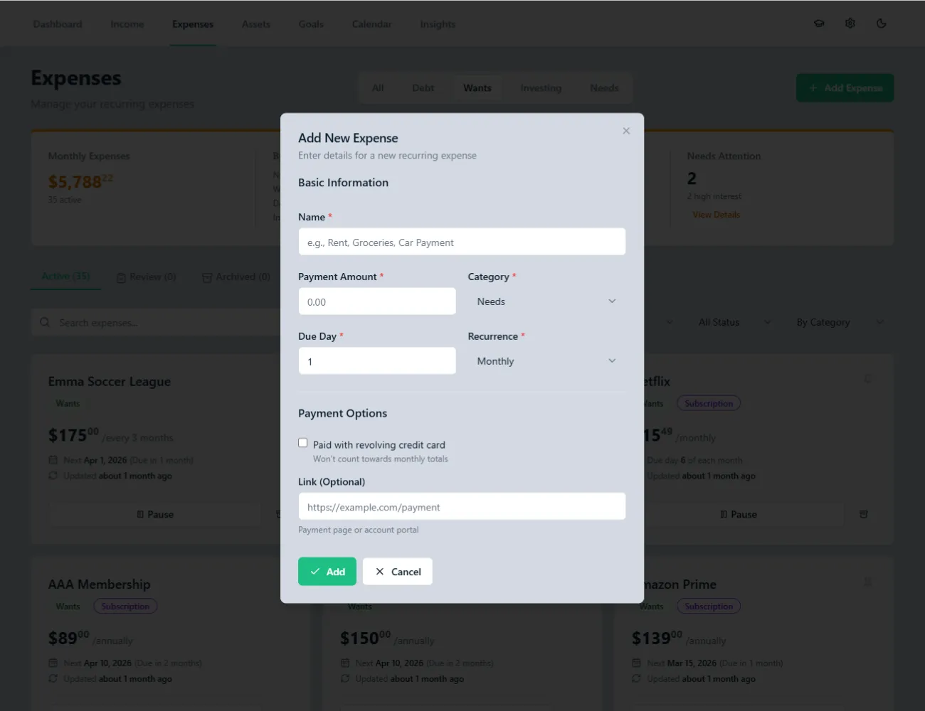 True North Budgeting add expense form