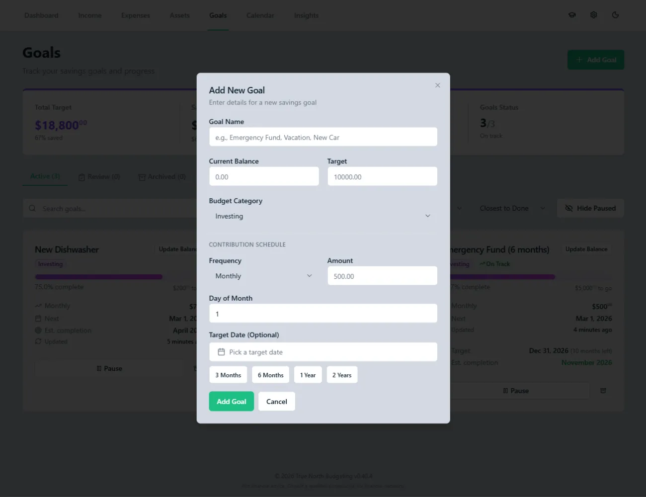 True North Budgeting add goal form