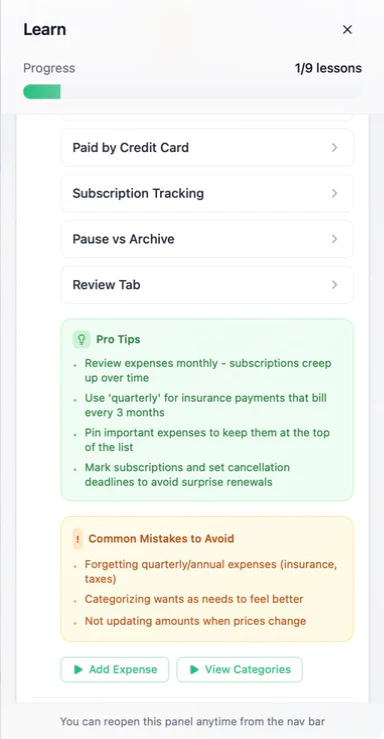 True North Budgeting Learning Center expanded lesson with pro tips and Try It button