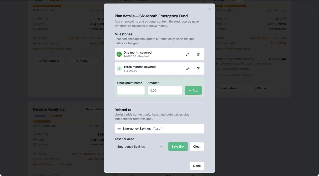 True North Budgeting v1.3.1 Plan Details showing reached and upcoming emergency fund milestones
