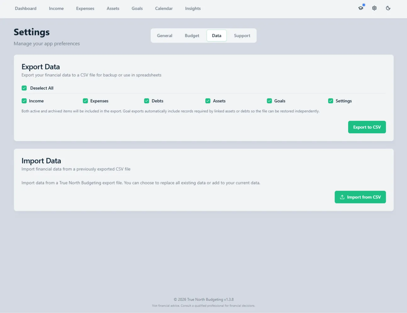 True North Settings showing selectable CSV export categories and the CSV import control.