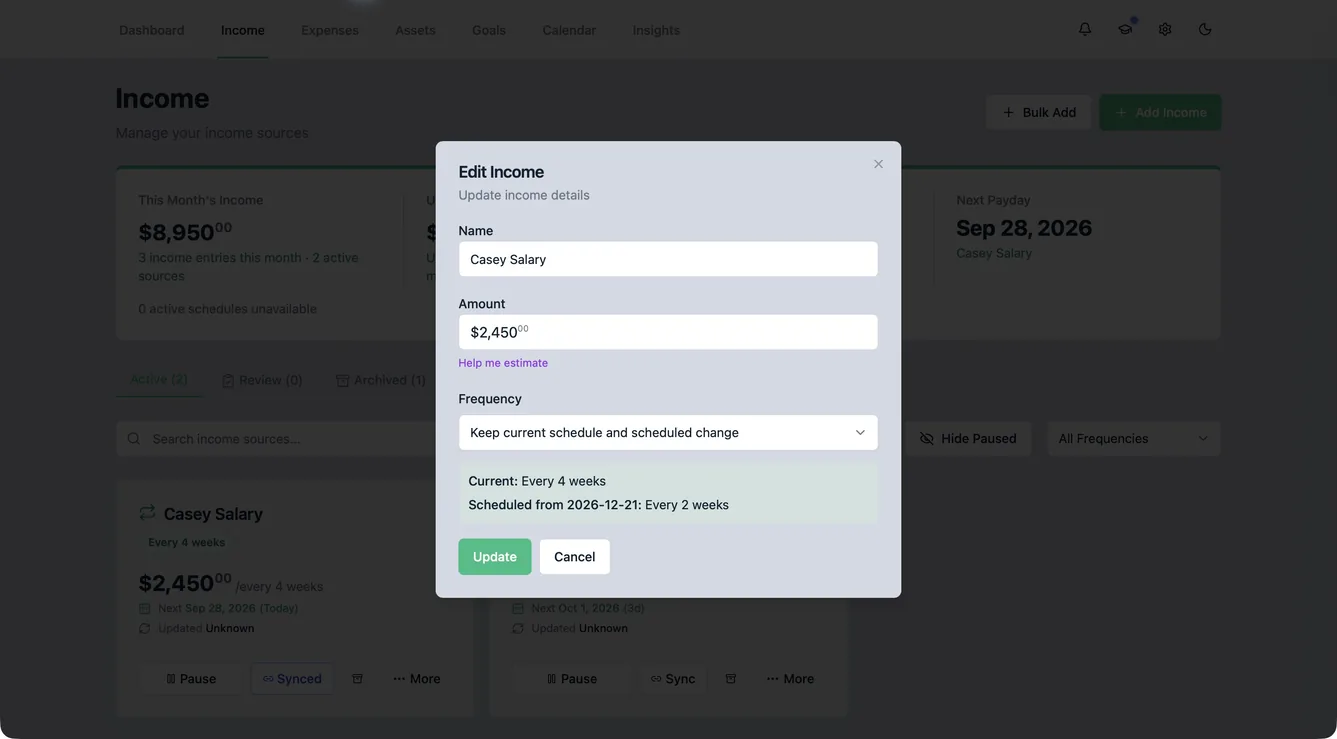 Income editor showing Casey Salary's current every-four-weeks schedule and a scheduled change to every two weeks